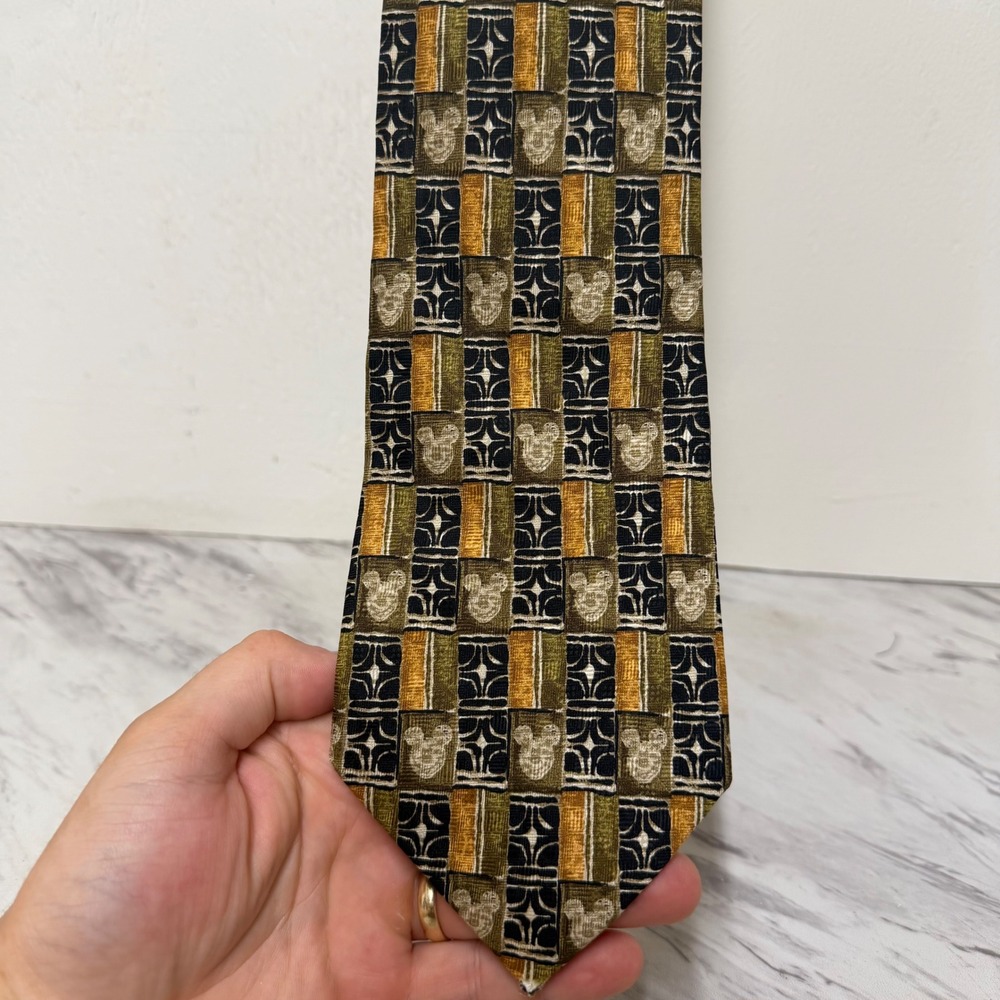 Disney Store Mickey Mouse Silk Tie Mens Geometric Block Pattern Olive Gold Navy
